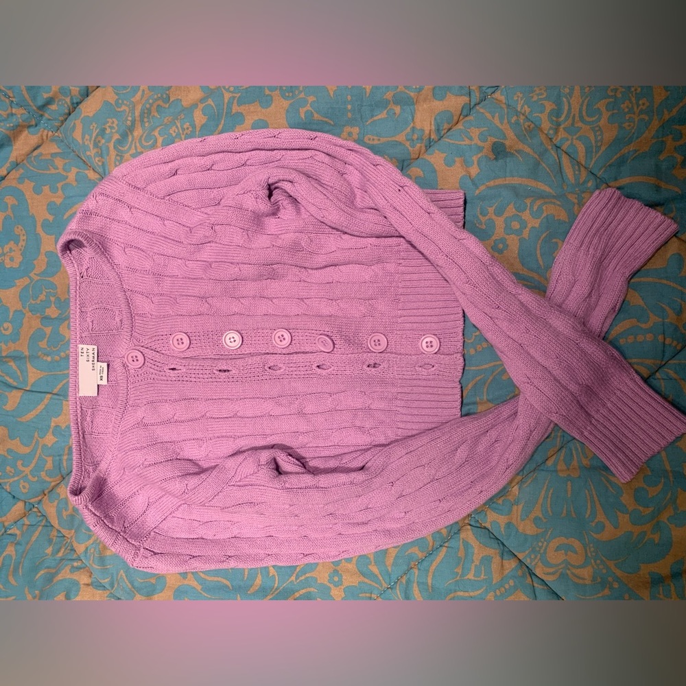 purple button up sweater